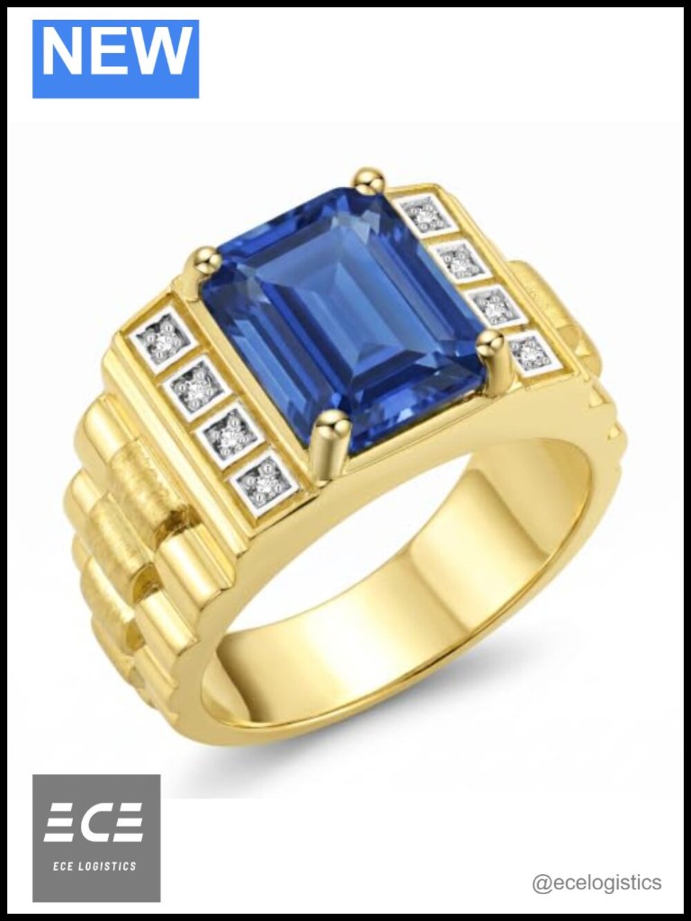Men's Emerald Cut Sapphire Ring Yellow Gold Plated Silver Diamond Accent